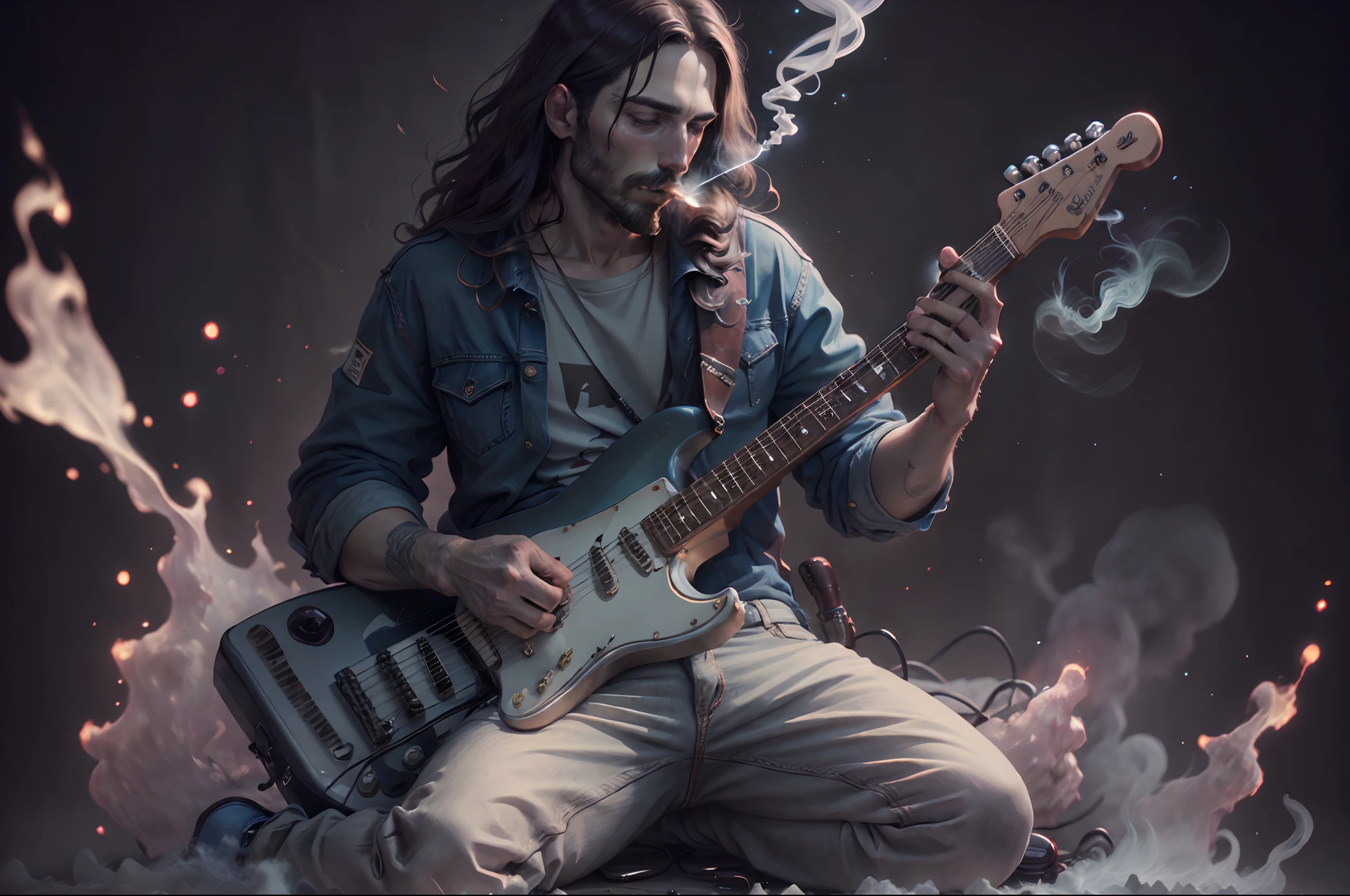 Jesus playing electric guitar smoking a joint