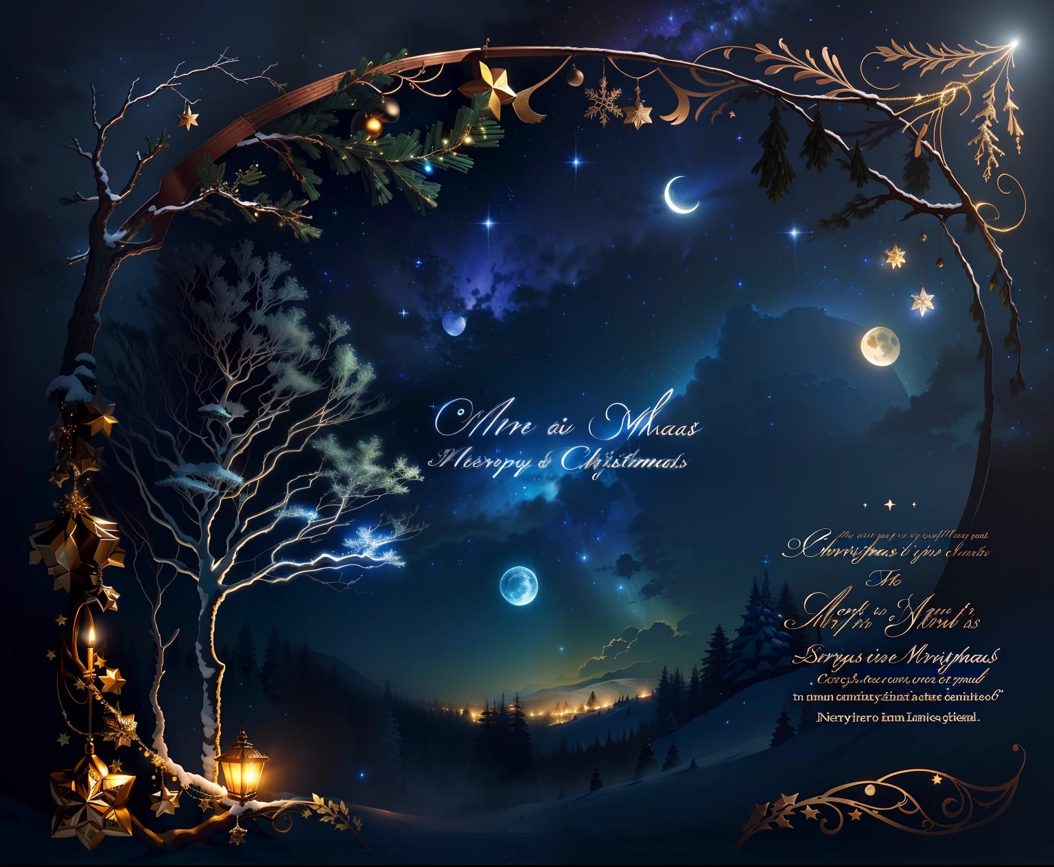 There's an image of a Christmas card with a tree and a moon, Trees and stars Background, fundo estilo conto de fadas, night under the starry sky, Starry sky environment in moonlight, pintura barroca. sky illuminated by stars, Noite de luar atmosfera sonhadora, fundo da floresta noturna, atmosfera cintilante intrincada, Noite de Natal, fundo noturno, under the silent night sky, fundo da floresta steampunk