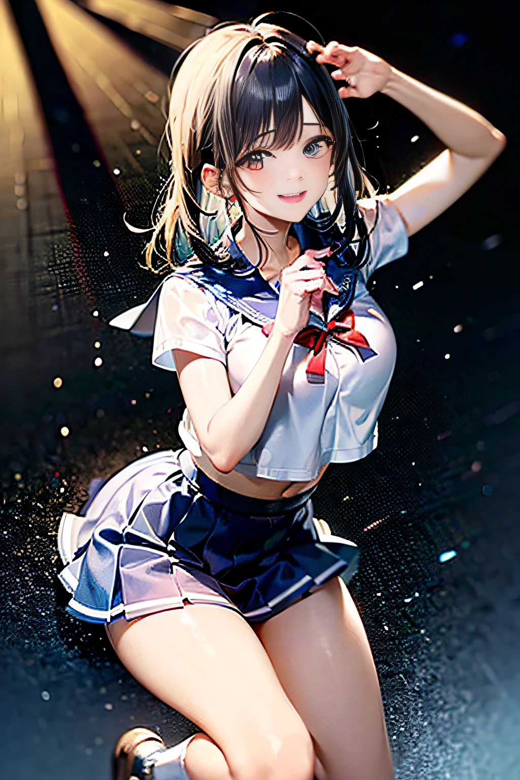 Idol,with round face,A smile that makes the viewer happy,Background classroom,(((Intense dance motion:1.3))),(Rhythmic dance with hands on the chest:1.3),(((Dance that emphasizes :1.3))),(Stand up and raise one knee:1.3),Add a motion blur effect to simulate motion,(Dynamic and sexy da poses),(bending forward:1.3),(((Schoolgirl sailor suit))),large full breasts,Dice of clothing due to movement,(Dark blue ruffled skirt floating with dance moves:1.3),Red ribbons,short wavy hair with shiny silver and orange stripes,disheveled hair,Floating hair,gazing at viewer,(Sunlight),(in 8K,masutepiece,top-quality,Ultra-high resolution output image,),(intricate detailes,),(From Image Mode to Ultra HD),Beautiful hands,Beautiful fingers,Detailed finger features,detailed clothes features,Detailed hair features,detailed facial features,