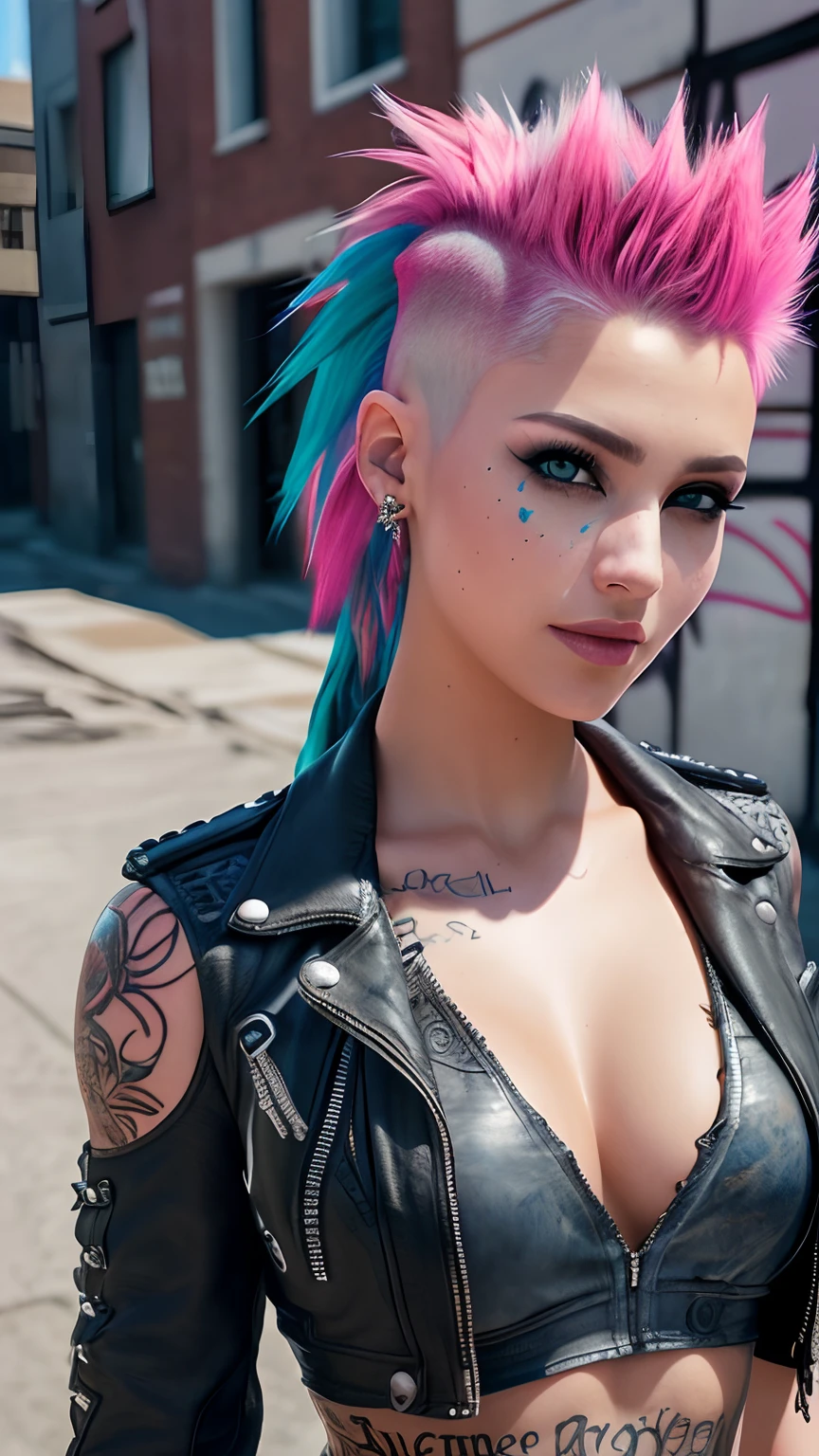(RAW,, Nikon Z 14mm ultra-wide angle lens, award-winning glamour photography, ((best quality)), ((masterpiece)), ((realistic)), skin pores, subsurface scattering, radiant light rays, high resolution, detailed facial features, high detail, sharp, smooth, aesthetic, extremely detailed focus, (extremely detailed eyes, extremely detailed iris), extremely detailed hair, extremely detailed skin, extremely detailed clothing, octane rendering, photorealistic, realistic, post-processing, maximum detail, realistic shadows, roughness, natural skin texture, real life, ultra-realistic, photorealism, photography, 8k UHD, photography, HDR, intricate, elegant, highly detailed, sharp focus, stunning, beautiful, beautiful), (masterpiece: 1.2), (best quality: 1.2), perfect eyes, perfect face, volumetric lighting, 1girl, young woman, punk, mohawk, shredded clothes, tattoos, smile, paint, graffiti, urban environment, pink hair, blue eyes, fingerless gloves, t-shirt, leather pants, detailed background of the alley