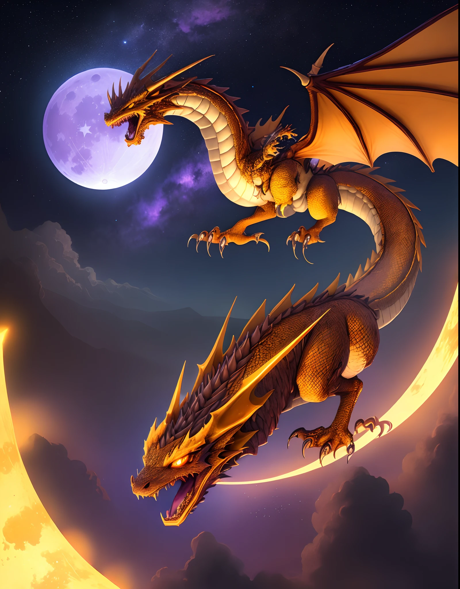 Yellow Dragon ,with glowing blue eyes , Flying across the purple sky . Glowing Orange Moon . bright light . A lot of stars