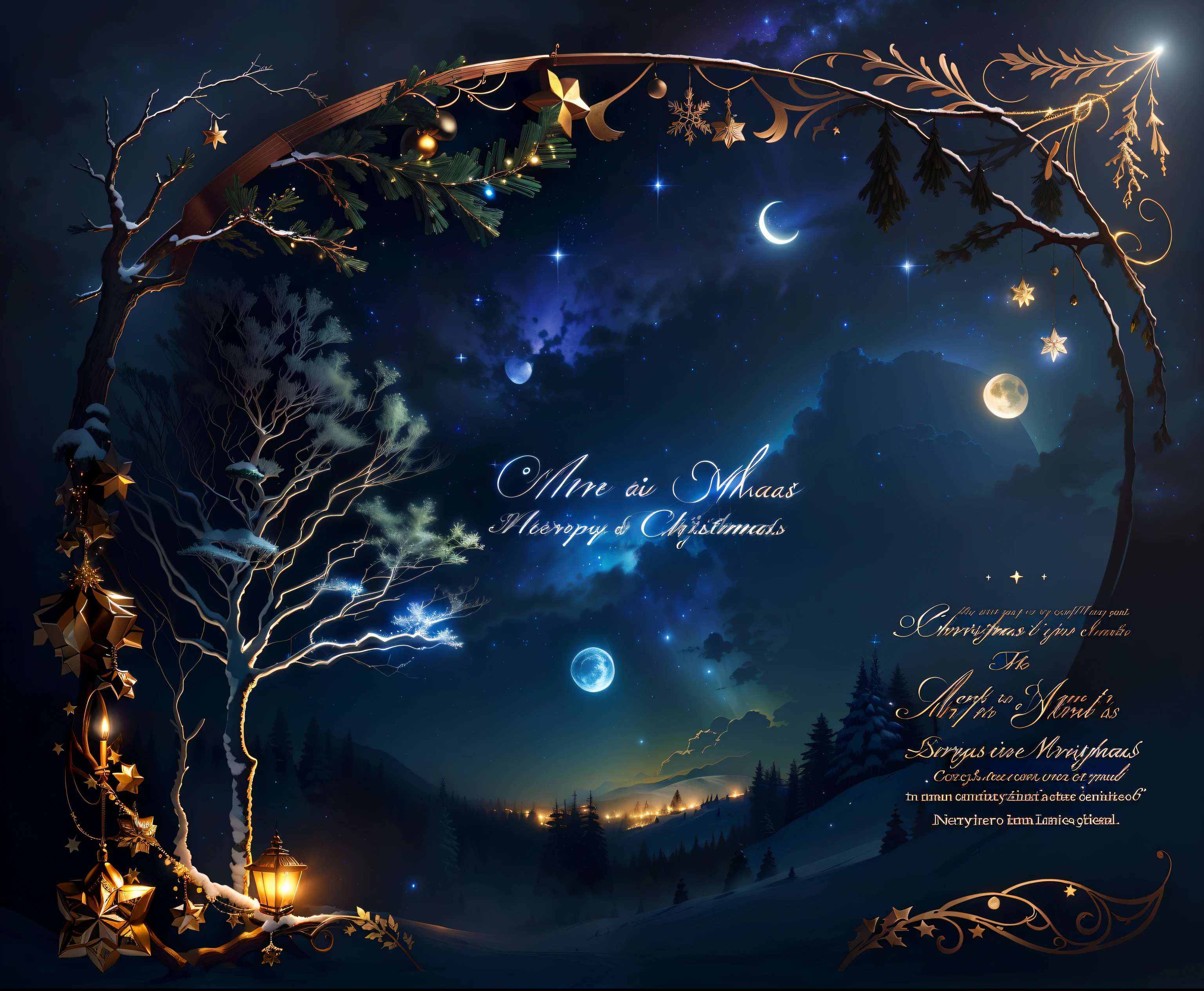 There's an image of a Christmas card with a tree and a moon, Trees and stars Background, fundo estilo conto de fadas, night under the starry sky, Starry sky environment in moonlight, pintura barroca. sky illuminated by stars, Noite de luar atmosfera sonhadora, fundo da floresta noturna, atmosfera cintilante intrincada, Noite de Natal, fundo noturno, under the silent night sky, fundo da floresta steampunk