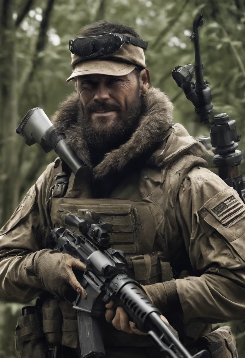(Detailed description) (best quality) homem americano, soldado americano, barba grande, white shark animal, short hair, animal shark involved, Indo para a guerra