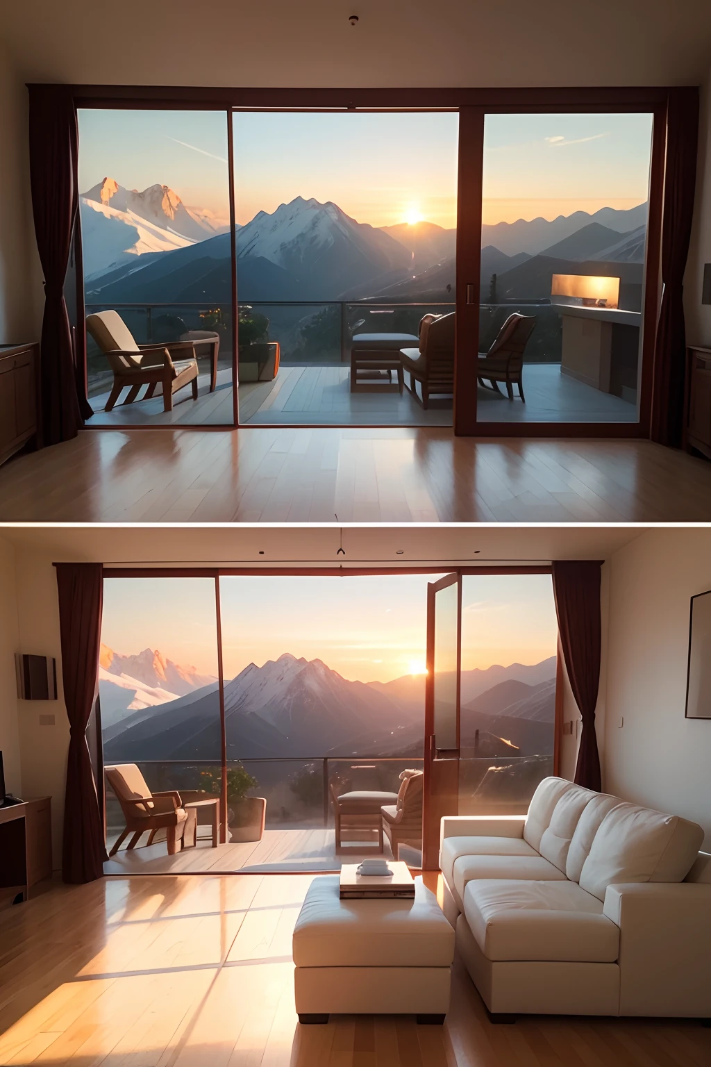 Obra maestra, highest qualityr, La mejor calidad, interior de casa, tonos blancos, con sofas blancos, cogines amarillos, stained glass views of the mountains, Amazing sunset.