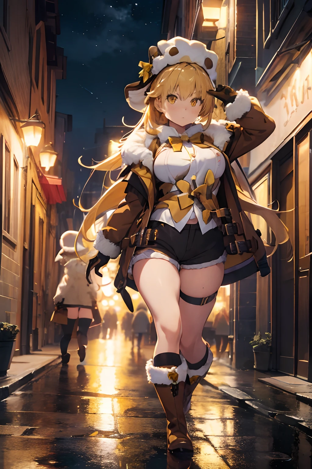 masterpiece, best quality, ((hook)), blonde hair, (yellow hair), gloves, yellow eyes, boots, 1girl, (fur trim), (jacket), bangs, bow, (fur hat), (shorts), looking at viewer, long hair, walking, solo focus, brown gloves, brown footwear, open clothes, long sleeves, full body, bowtie, shirt, (open jacket), (brown shorts), (brown jacket), adult body, athletic body, divine proportions, large breasts, busty, (sexy), long sexy legs, angry, tsundere, dark alley, night, cobblestone streets, soft orange lighting, dynamic perspective, night life, (8k), (best quality), (masterpiece: 1.2), (realistic), (photorealistic: 1.37), ultra detailed, one girl, viewer watching, full body, 28 years old.