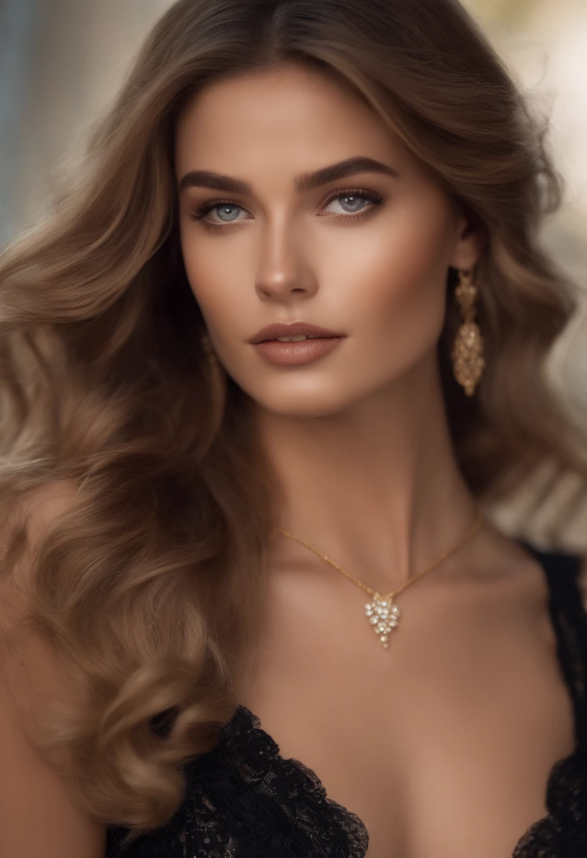 Photo from neck to bottom of chest with golden hair, beautiful breasts and drops on the skin, with a chain around your neck and a dark light