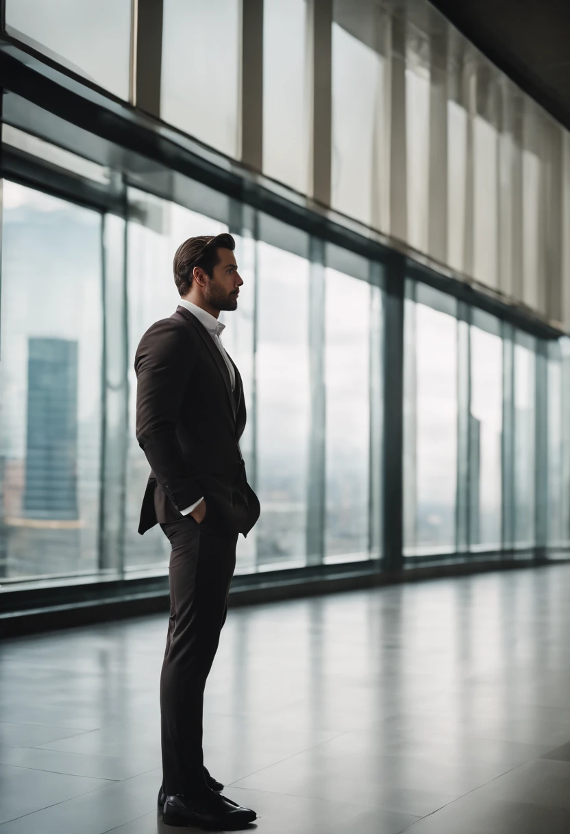 A very handsome man, 29 years old, dark brown hair, Italian origin, wears suit, stands alone, pensive, inside a large, elegant and modern office room, looking out the window, the buildings in the city by day