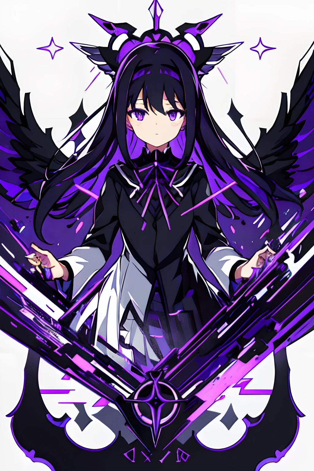 ghostrickscb,Glitching, glitch,4k, vintage vhs glitch,white black gradient background,homura akemi, black dress, black angel wings,beautiful purple eyes, tarot card, black heart