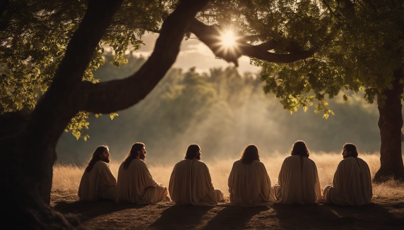 Jesus Christ with His disciples sitting under a tree