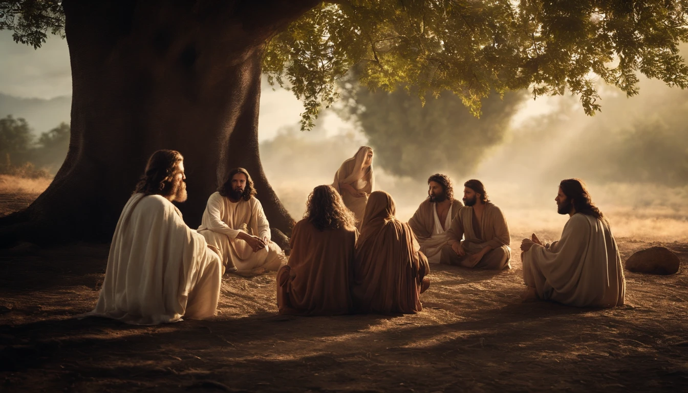 Jesus Christ with His disciples sitting under a tree