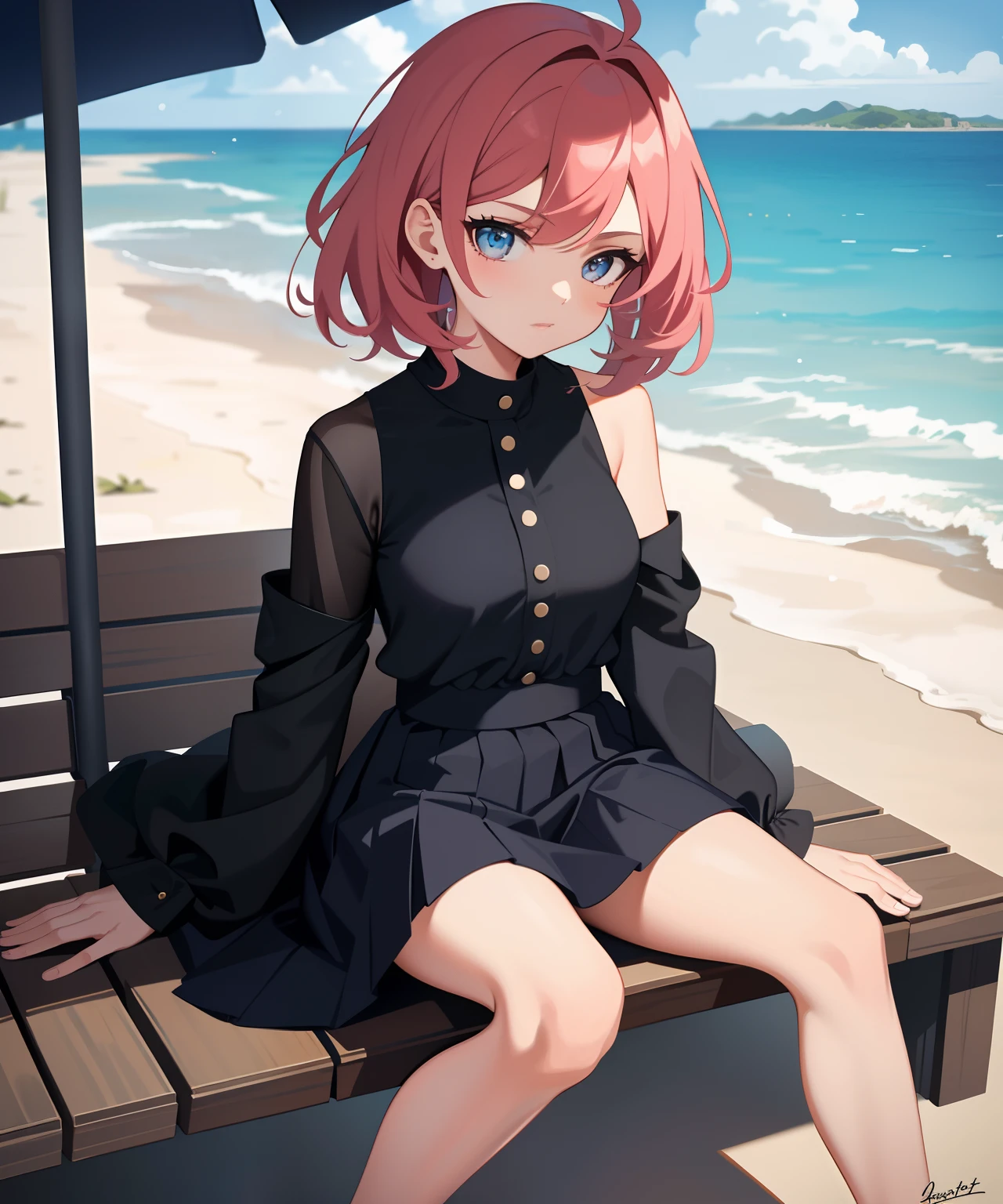 1 girl 27 years, short skirt, beauty, master piece, better quality, black high heels, sitting in a beach