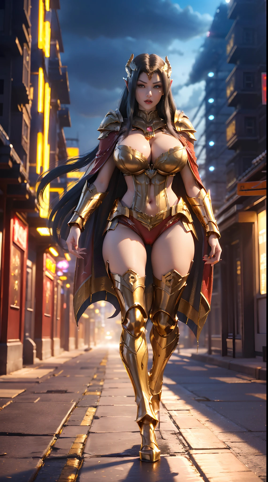 1GIRL, SOLO, (dark hair, hair gold ornament), (HUGE FAKE BOOBS:1.3), (red, sea blue, gold, FUTURISTIC BAHAMUT DRAGON MECHA ARMOR, ROYAL CAPE, CLEAVAGE, SKINTIGHT YOGA HOTPANTS, HIGH HEELS:1.5), (NSFW GLAMOROUS BODY, SEXY LONG LEGS, FULL BODY:1.3), (FROM FRONT, LOOKING AT VIEWER:1), (WALKING DOWN ON STREET NIGHT CITY:1.3), PHYSICALLY-BASED RENDERING, ULTRA HIGHT DEFINITION, 8K, 1080P.