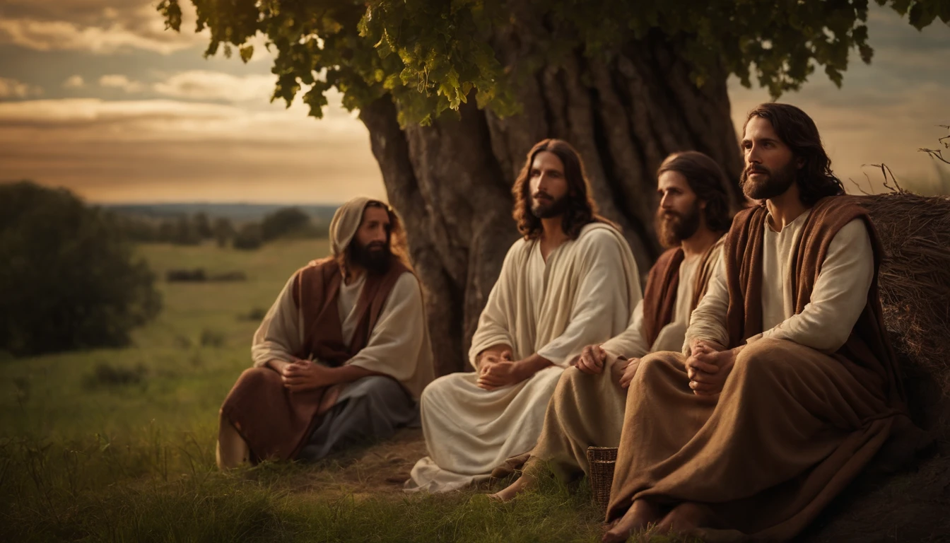 Jesus Christ with His disciples sitting under a tree, retrato de jesus