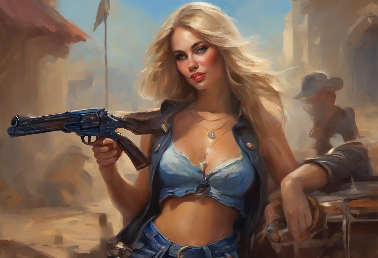 1女孩, 巨作, Macros Delta Splash Art,  Best Quality, white tank top, midriff, Cropped blue jeans, small breasts, Cowboy has, Holster gun on hip, Highly detailed gun, Realistic gun, Colt Peacemaker at hand, Gun aiming forward, Sheraton Sherif, Bullets on a belt, Brown leather ashtray, Leather coat, detailled eyes, shinning eyes, beautiful hands, Highly detailed hands, Straight hands, Lustrous Skin, bright hair, eyes blue, Light blonde hair, tall, long  hair, Straight Hair, Full body, American Flag