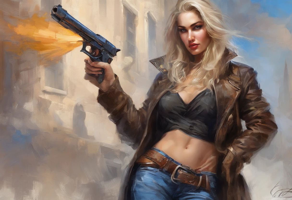 1女孩, 巨作, Macros Delta Splash Art,  Best Quality, white tank top, midriff, Cropped blue jeans, small breasts, Cowboy has, Holster gun on hip, Highly detailed gun, Realistic gun, Colt Peacemaker at hand, Gun aiming forward, Sheraton Sherif, Bullets on a belt, Brown leather ashtray, Leather coat, detailled eyes, shinning eyes, beautiful hands, Highly detailed hands, Straight hands, Lustrous Skin, bright hair, eyes blue, Light blonde hair, tall, long  hair, Straight Hair, Full body, American Flag