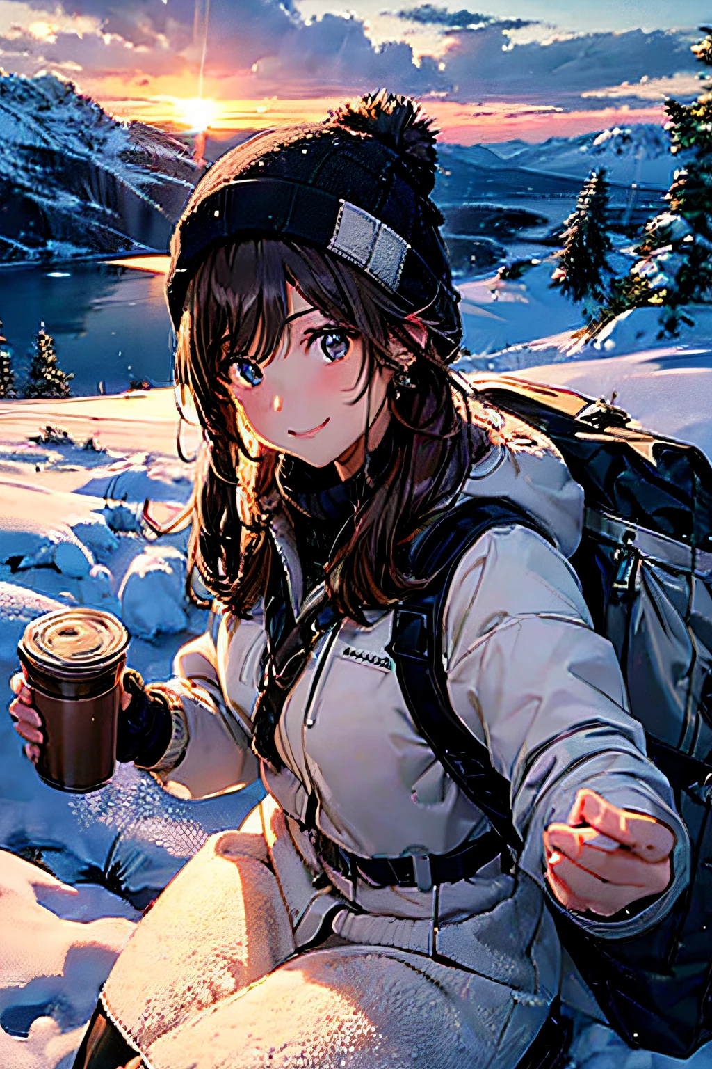 (Upper body selfie:1.3),Winter climbing,With a superb view from the summit in the background,Beautiful sunrise,Remove the beam from above,Backlighting,Generate images of beautiful women around the world,Especially while reflecting elements of Western beauty.Woman with natural smile and attractive expression,Woman with natural smile and attractive expression,Transparent skin,sparkle in eyes,Expresses an elegant atmosphere,,Solo, backpack,knit hat,Sweaters,gloves,Mountain boots,water bottle,Camping stove,kettle,mug,Single-person tent,strong wind blowing,blizzard,Hair fluttering in the storm,(The 8k quality,masutepiece,top-quality,Ultra-high resolution output image,),(Highly detailed raw photos:1.3),(Image Mode Ultra HD),