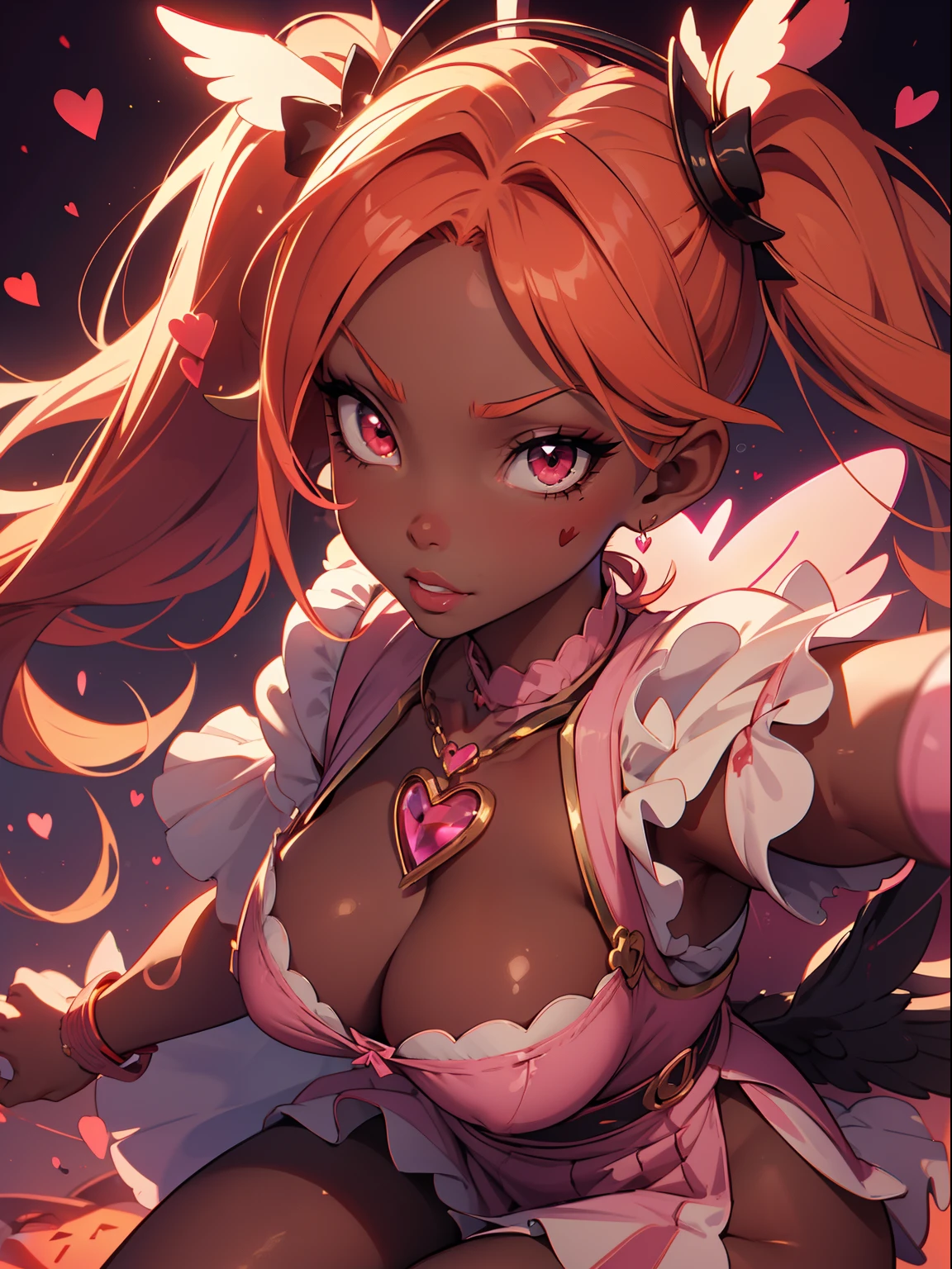 darkskin++++, dark brown skin:1.2+, orange hair++++, twintails++, red eyes+++, big breast+, plump lips++ thick lips, angel wings+++, heart symbols++++, bow symbol+, halloween pumkin+, red sky, black clouds+, blood splatter++, blooc on face++, streetlight, magical wand+, pink wand+, love wand+, white robe++, jewelry+ short skirt, gold strap+, detailed clothes+, halo++, eyelashes+, evil smirk+++, thick thighs++, pink heels++, detailed shoes+, extremely detailed artgerm, detailed eyes, 4 k digital art, smooth art, close up, lacepantyhose, leaning forward, selfie++, facing forward, front view++, evil+, blood on face, blood++,