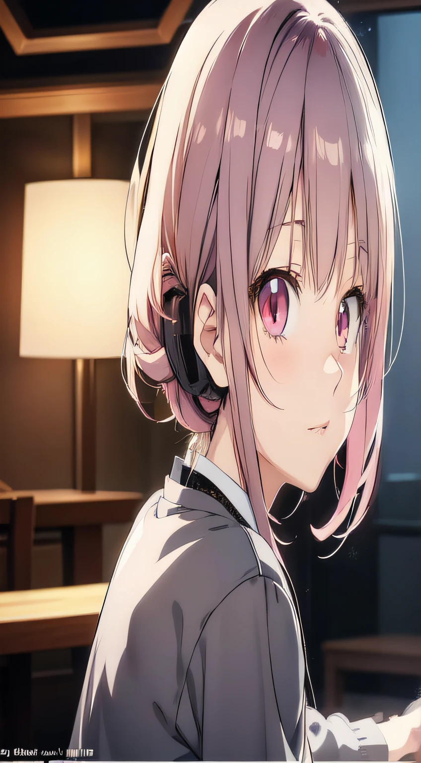 Anime girl with pink eyes and gray shirt looking at computer screen, anime visual of a cute girl, anime moe art style, Anime style portrait, Digital anime illustration, up of young anime girl, Portrait of an anime girl, Smooth anime CG art, clean and meticulous anime style, An anime girl, in an anime style, from girls frontline, Cute anime girl portrait