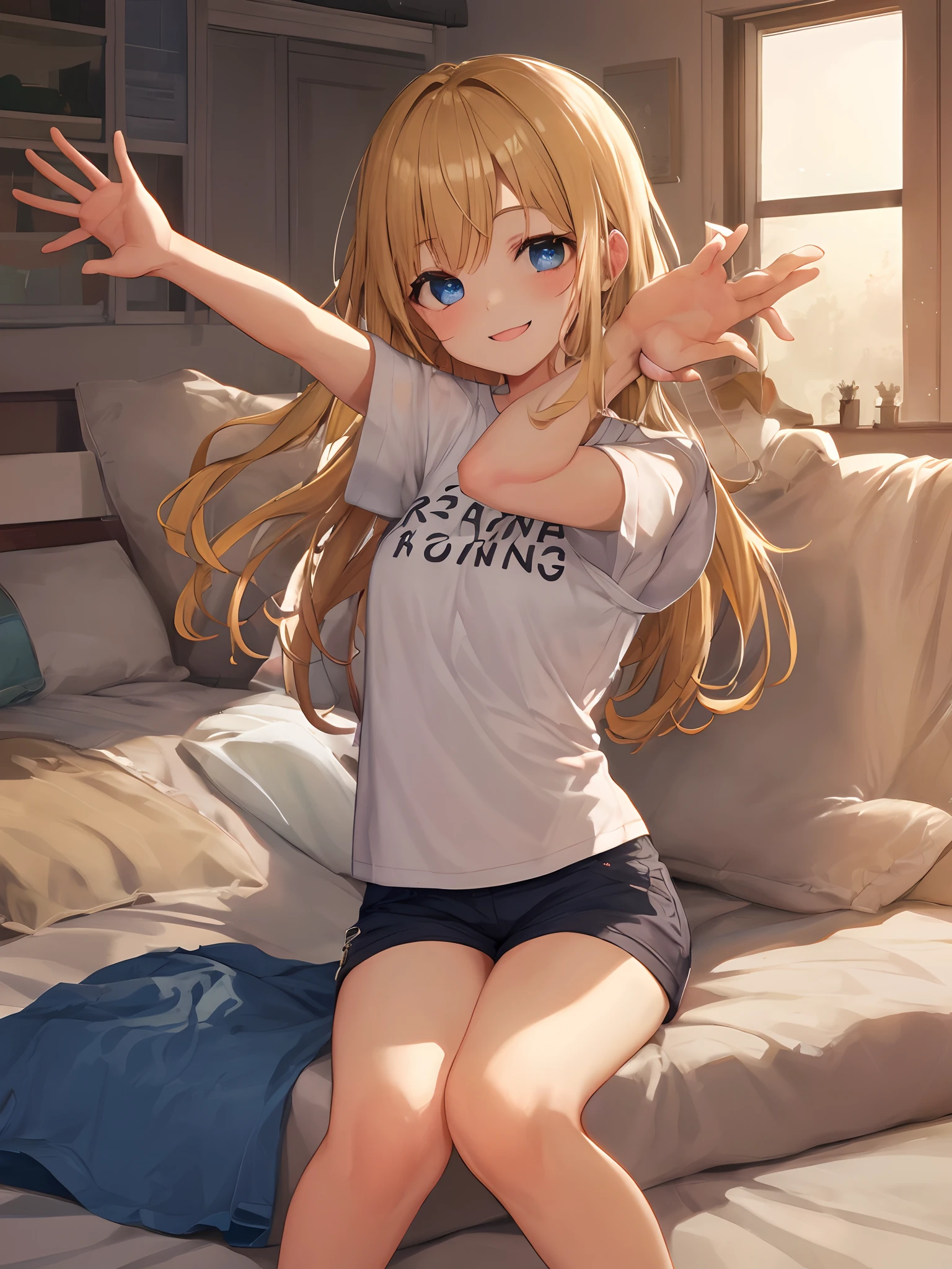 Beautiful long blonde hair, blue eyes, cute face, clear face, smile, smile, bedroom where the morning sun shines in, T-shirt, shorts, sit on the bed and stretch, raise your hands up, good morning, cute