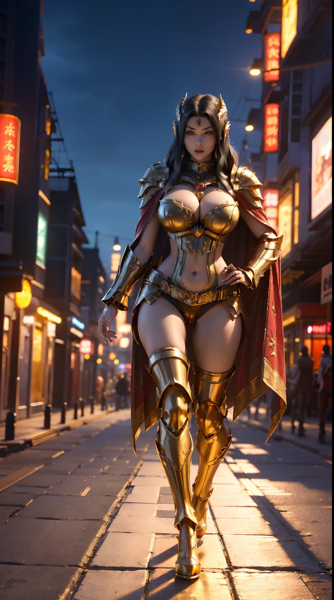 1GIRL, SOLO, (dark hair, hair gold ornament), (HUGE FAKE BOOBS:1.3), (red, sea blue, gold, FUTURISTIC BAHAMUT DRAGON MECHA ARMOR, ROYAL CAPE, CLEAVAGE, SKINTIGHT YOGA HOTPANTS, HIGH HEELS:1.5), (NSFW GLAMOROUS BODY, SEXY LONG LEGS, FULL BODY:1.3), (FROM FRONT, LOOKING AT VIEWER:1), (WALKING DOWN ON STREET NIGHT CITY:1.3), PHYSICALLY-BASED RENDERING, ULTRA HIGHT DEFINITION, 8K, 1080P.