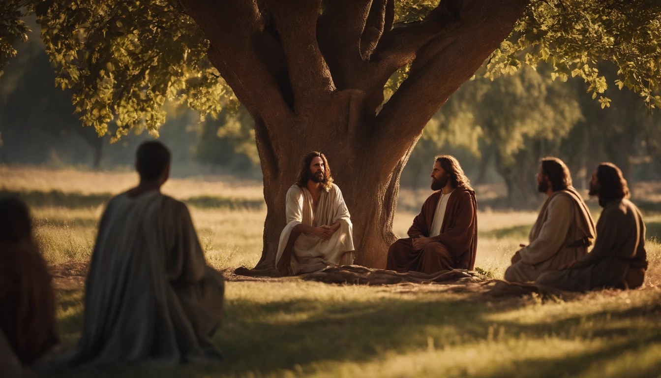 Jesus Christ with some disciples under the shade of a tree
