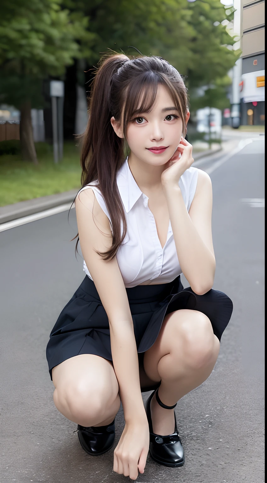masutepiece, Best Quality, Illustration, Ultra-detailed, finely detail, hight resolution, 8K Wallpaper, Perfect dynamic composition, Beautiful detailed eyes, Women's Fashion Summer,Ponytail hair,Small breasts natural color lip, Bold sexy poses,Smile,Harajuku、20 years girl、Cute、Sexy shots watching viewers、large panorama、Hidden areas exposed、Move your center of gravity back, (Show panties:1.4), (Wearing a miniskirt、up skirt:1.3), (Panties visible from the front、pantyshot:1.0), (crouching down:1.4), heels on the ground, slightly spread legs, Squat with your knees raised, Put your butt on the ground,Whole body, (Looking at Viewer:1.2), from the front side