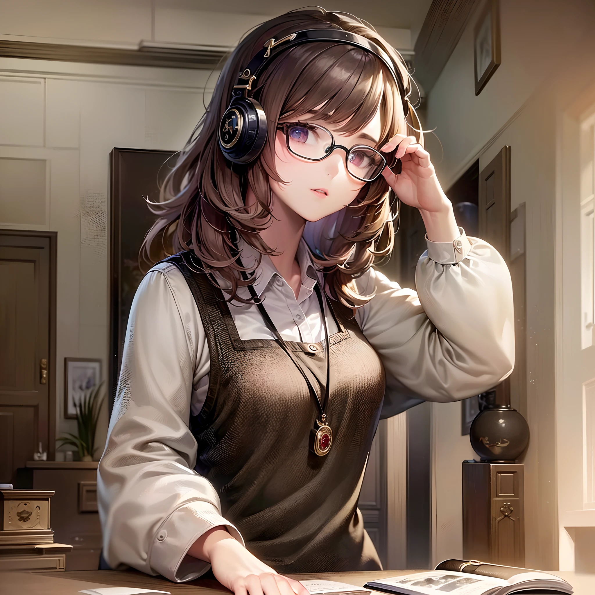 ((Finest quality)),(超A high resolution),(ultra-detailliert),(Meticulous portrayal),((Best CG)),(Finest works of art),Ultra-Precision Art,The art of astounding depiction, ((One hermit),short-cut:1.3,eye glass, Her room