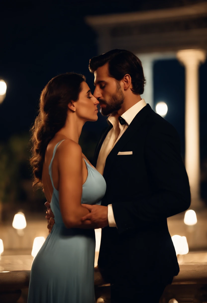 A couple man and woman he very handsome Italian 29 years old dark brown hair short vest suit is kissing in love A beautiful young woman wears long blue dress on a luxurious terrace at night Real Photo
