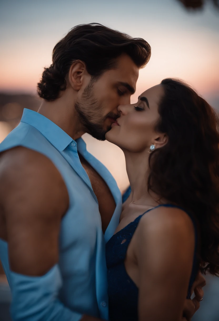 A couple man and woman he very handsome Italian 29 years old dark brown hair short vest suit is kissing in love A beautiful young woman wears long blue dress on a luxurious terrace at night Real Photo