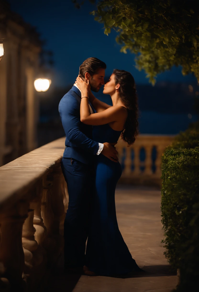 A couple man and woman he very handsome Italian 29 years old dark brown hair short vest suit is kissing in love A beautiful young woman wears long blue dress on a luxurious terrace at night Real Photo