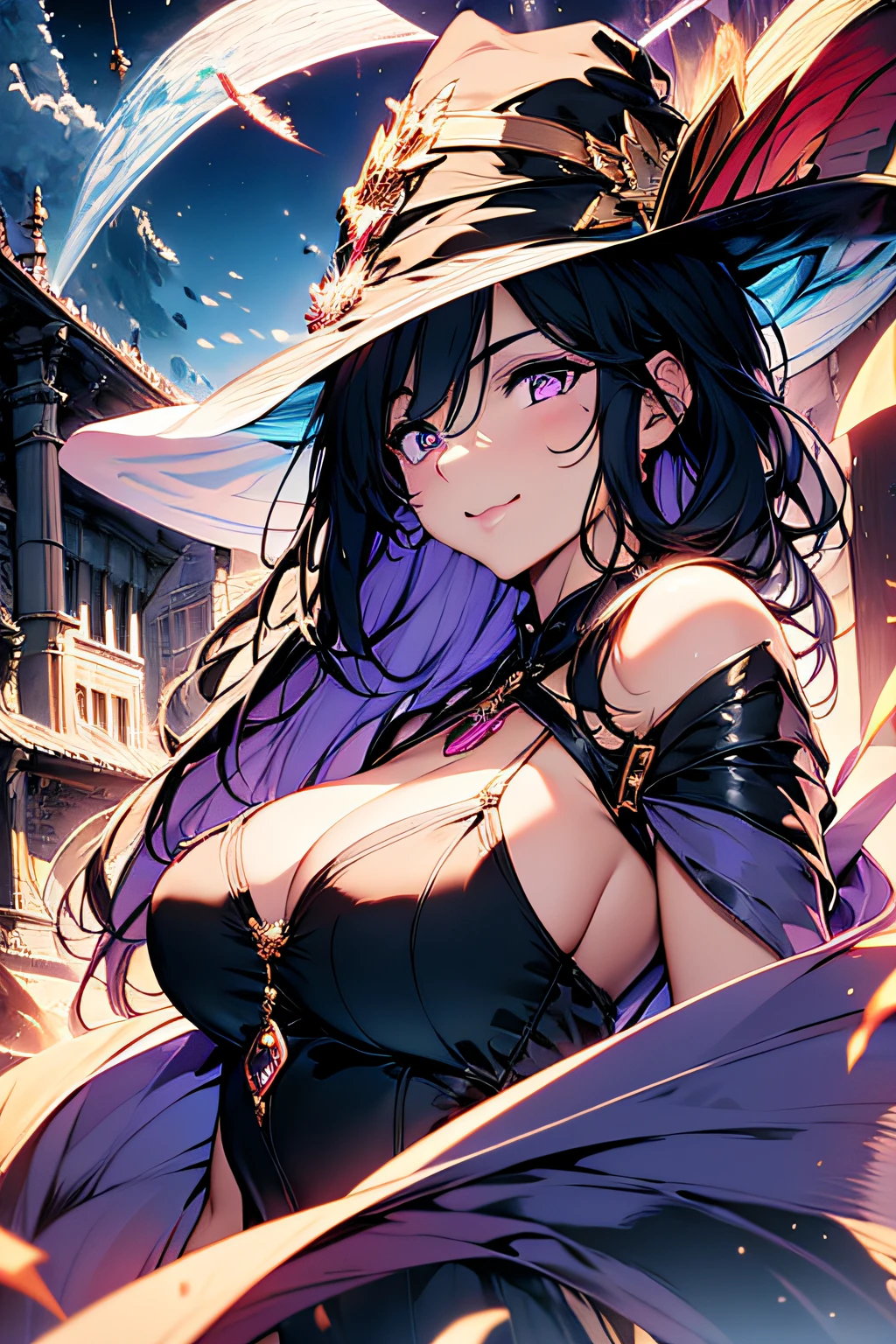 ((masterpiece)), one girl, HDR, Hi Res, a mage engulfed in purple fames with long black hair and purple eyes, red lipstick, , perfect face, perfect arms, perfect hands, magic