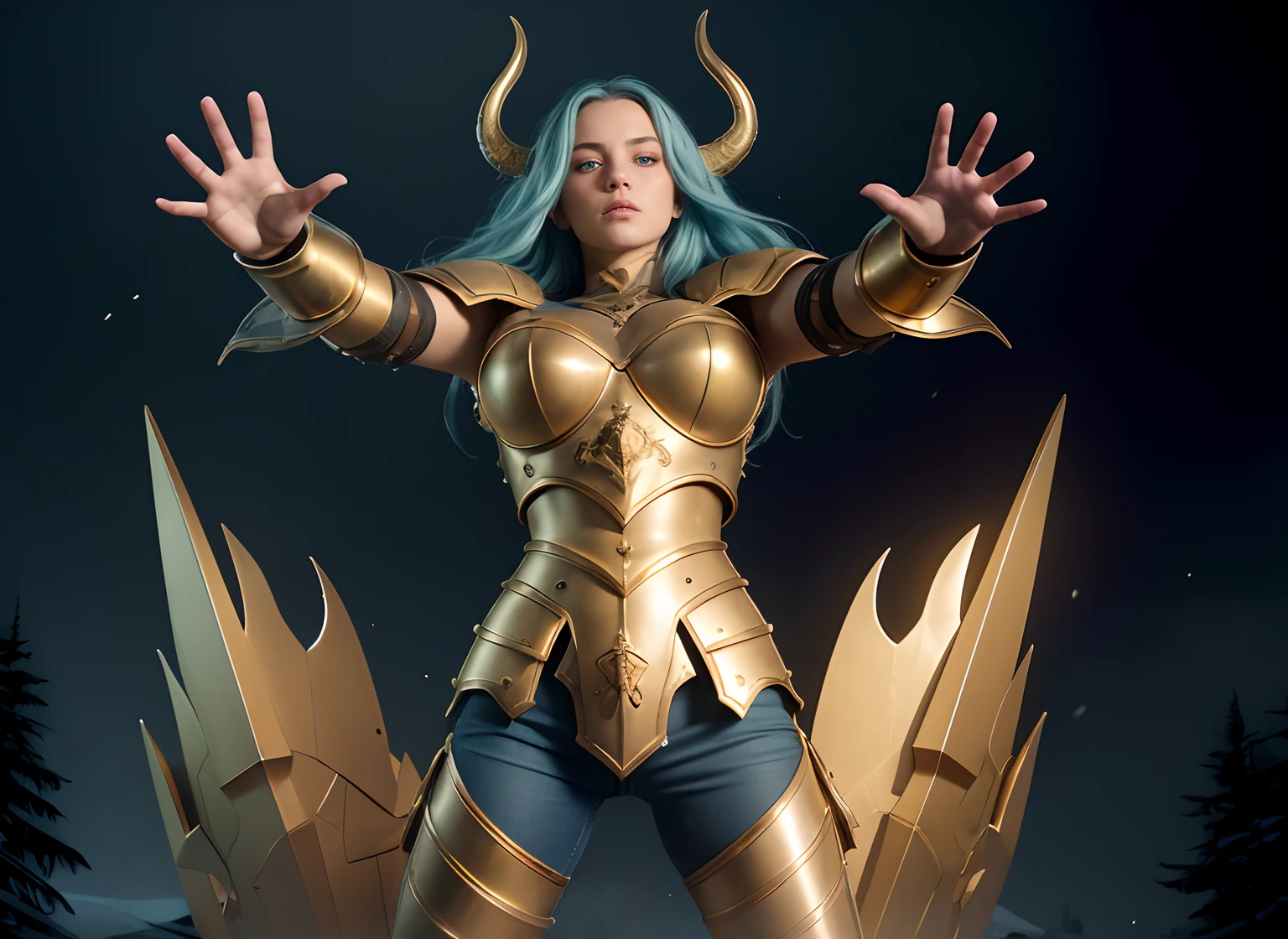 ultra-realistic), (cinematic shot), slightly low view. upper body of an beautiful young girl knight, 1girl, woman, in medieval armor, (detailed face), ((pretty big turquoise eyes)), with very long hair, (light blue hair), (long hair), ((messy hair)), ((bands)) blowing hair in the air, (big breasts), near a snow castle at winter, golden armor, golden horns on helmet, (full body armor), ((bright intricate armor)), (light blue legging), ((crome intense gold armor)), (detailed armor, high quality), ((ornate armor)), (hdr), (noble), inspiring, film, cinematic lighting. ((light blue pants)). ((delicate face)). Full body-armor.( Enlongated armor skirt)). The most beautiful warrior. Ultrarealistic landscape.