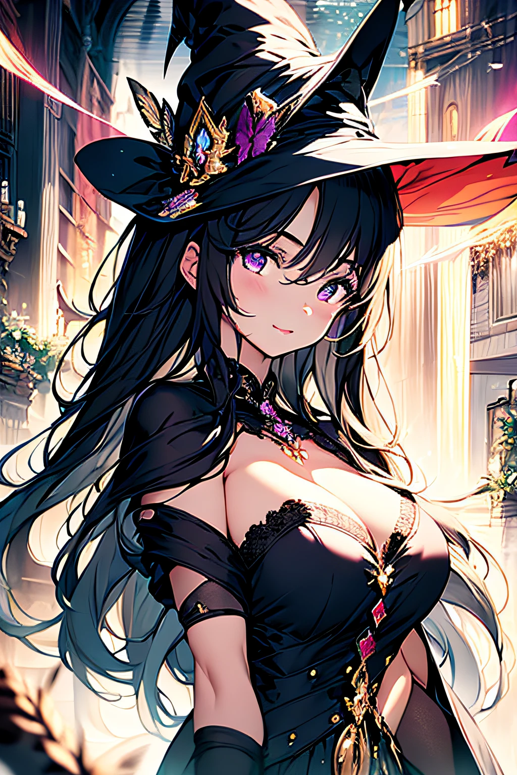 ((masterpiece)), one girl, HDR, Hi Res, long black hair, purple eyes, red lipstick, mage engulfed in purple fames, perfect face, perfect arms, perfect hands, magic