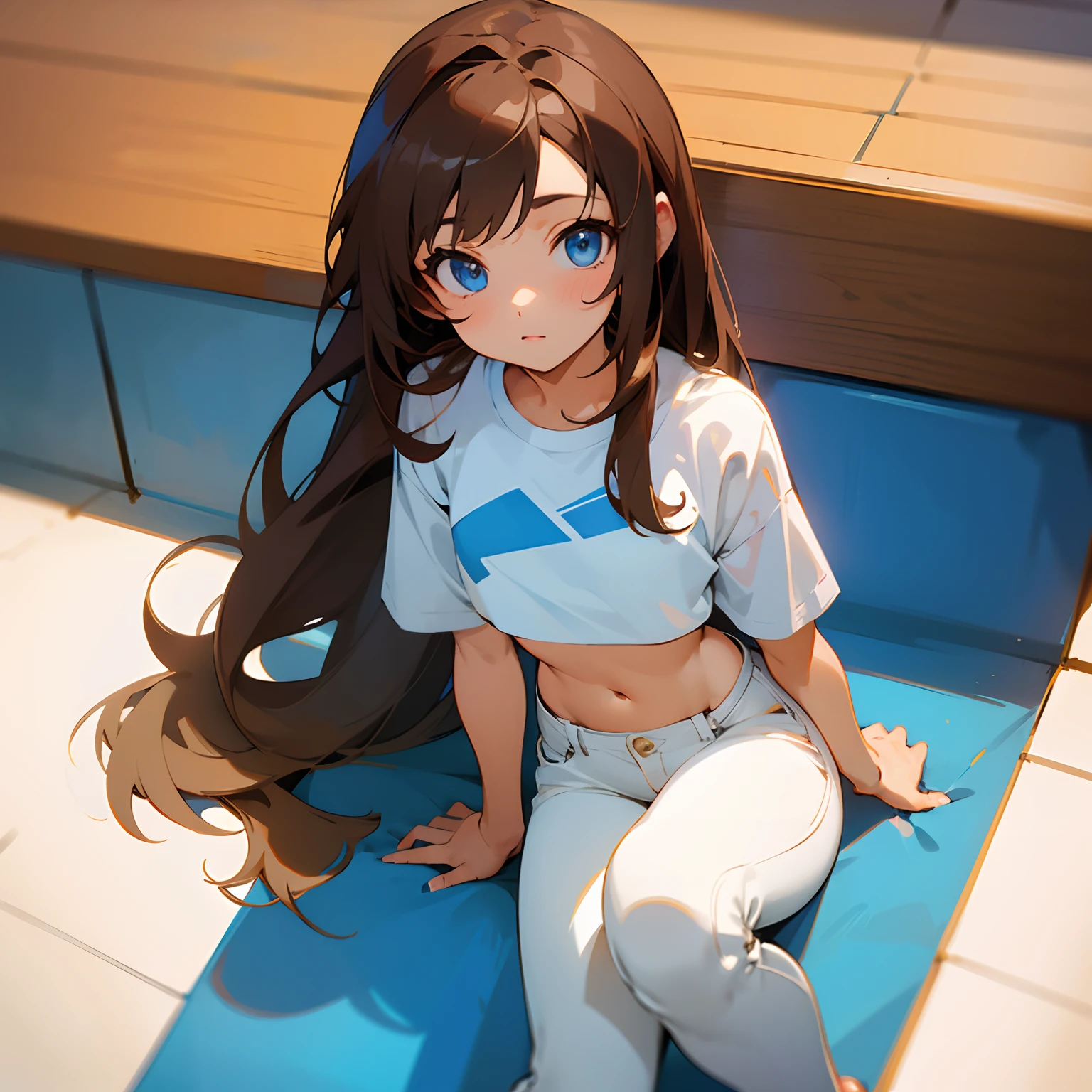 1girl, long brown hair, blue eyes, blue crop top, short white jeans, high res, ultra sharp, masterpiece, looking at viewer, cute, anime, sitting down