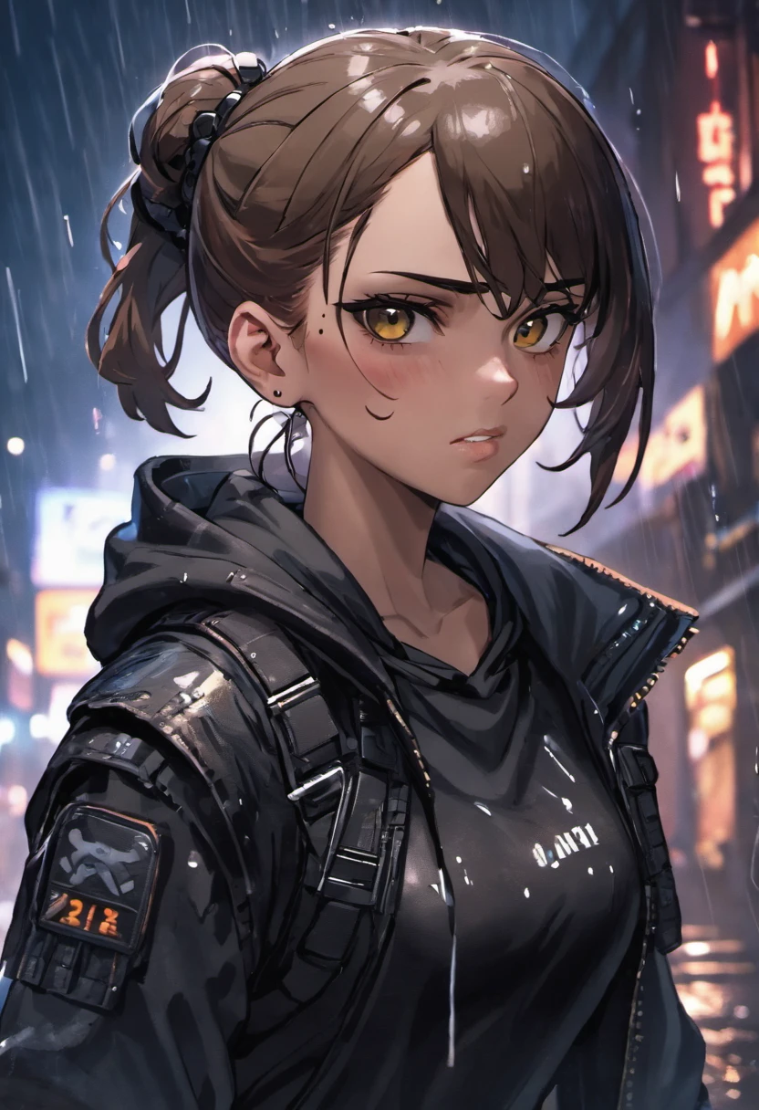 Closeup photograph, confident young cyberpunk woman with brown hair in a bun, wearing a black hoodie and black tactical vest, rain soaked street at night, photorealistic, cinematic lighting