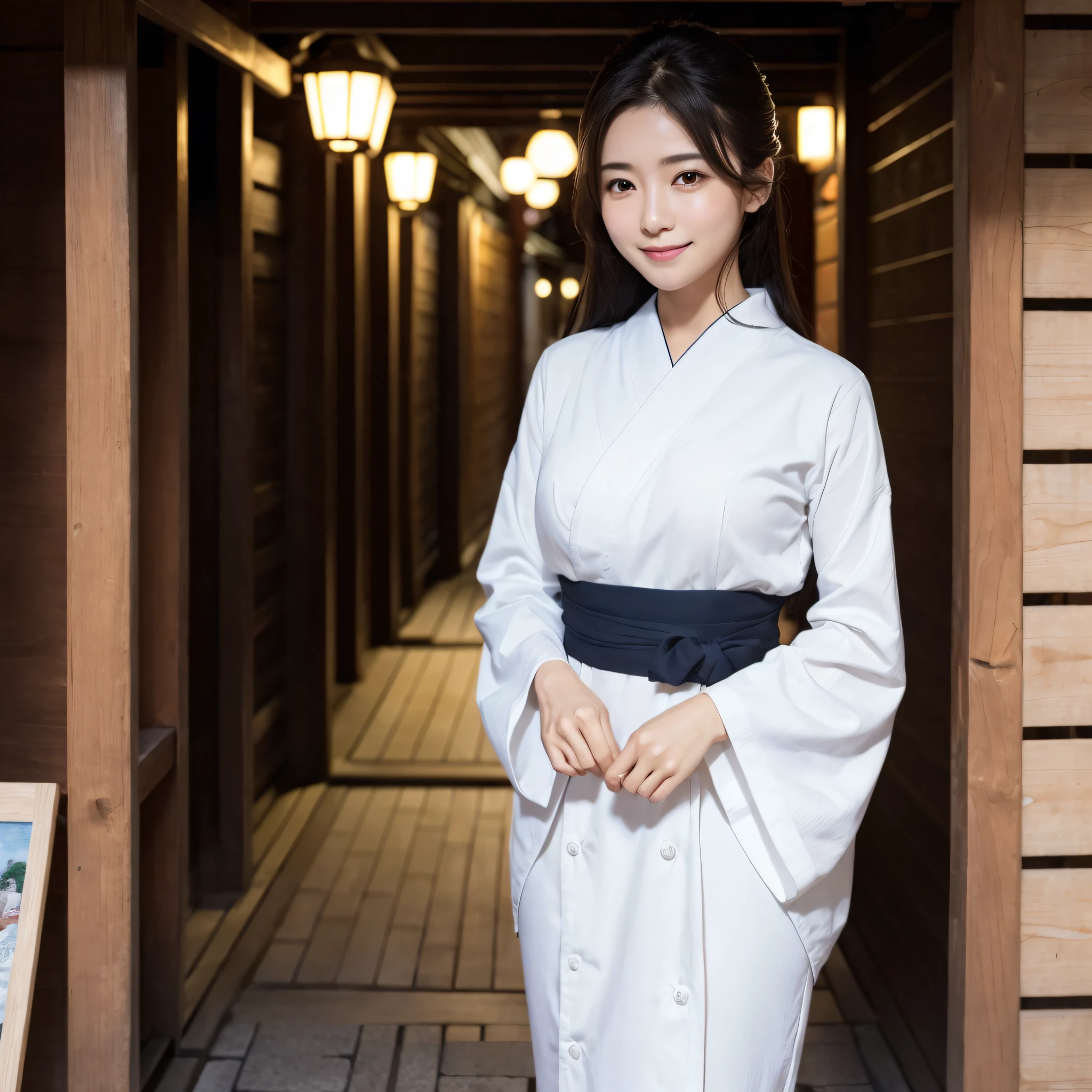 Beautiful woman in neat Japanese clothes、((best qualtiy、8k masterpieces:1.3))、foco nítido:1.2、(ultra beautiful faces:1.0)、(shinny skin:1.0)、photos realistic、A dark-haired、Video Lighting、High-definition eyes and face、Video Lighting、Japan Idol Actress、from the front side、medium breasts、Smile、Slender Abs Beauty、Whole body、In Gion