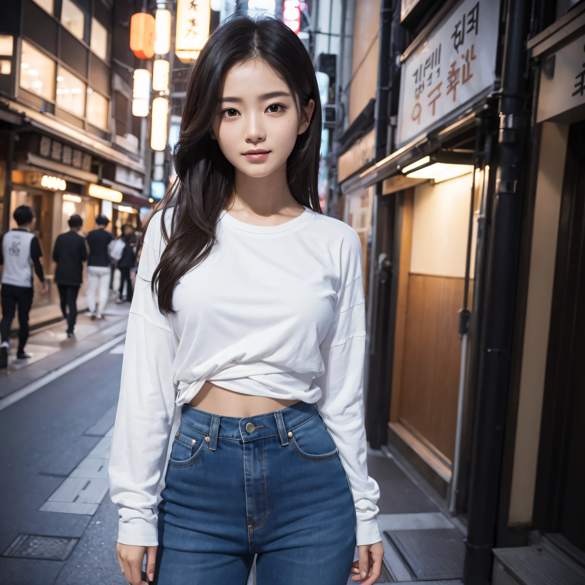 One lady、((best qualtiy、8k masterpieces:1.3))、foco nítido:1.2、(ultra beautiful faces:1.0)、(shinny skin:1.0)、photos realistic、A dark-haired、Video Lighting、High-definition eyes and face、Video Lighting、(Korean Cute Actress)、from the front side、medium breasts、Smile、Slender Abs Beauty、Whole body、wearing t-shirts、in tokyo at night