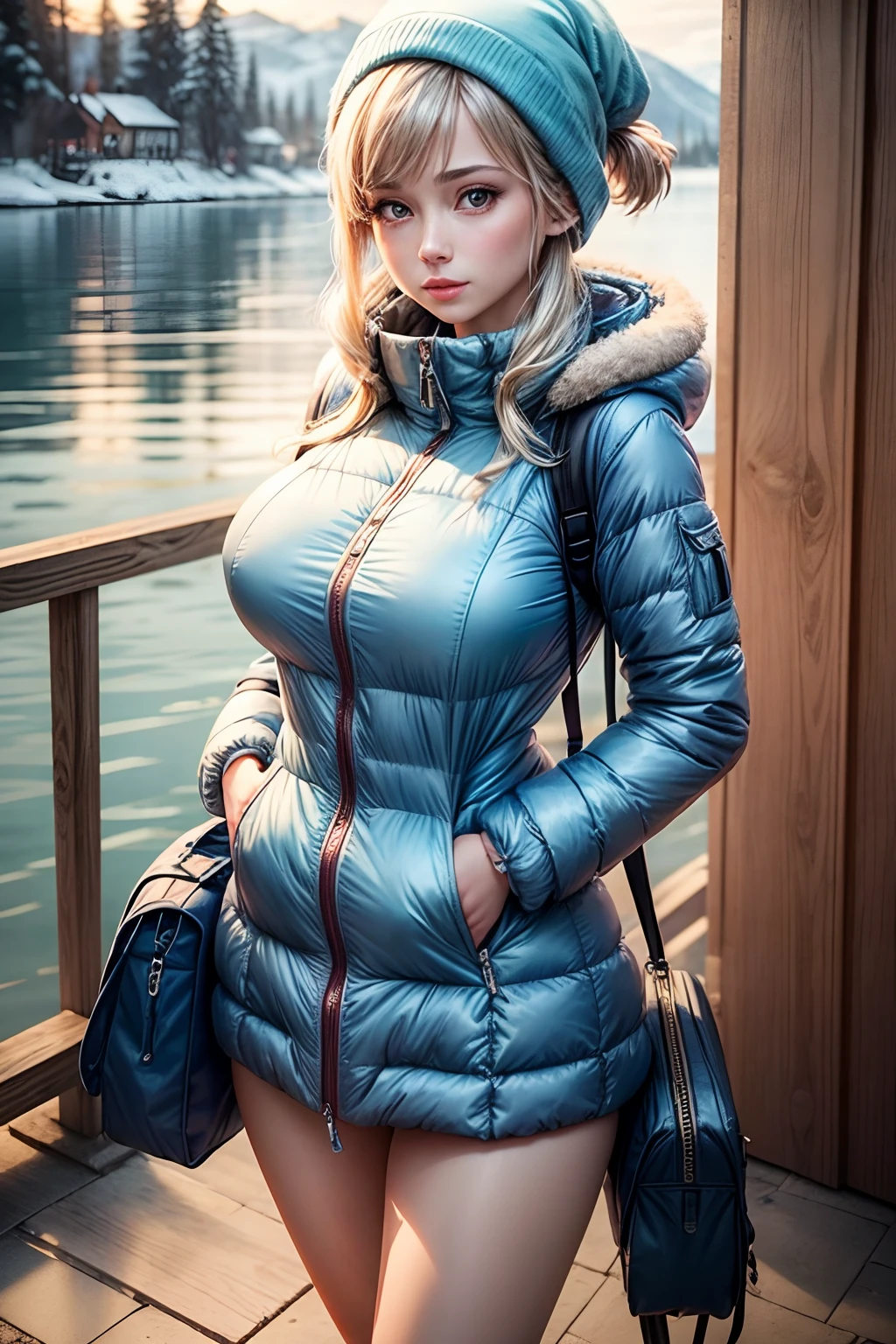 Make a woman with big breast, light blue long winterjacket , with open zipper, with face, body, Lakeside house, travel bag, dog Nude