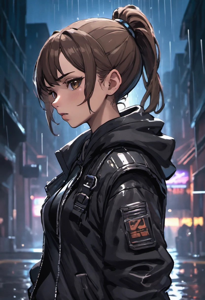 Closeup photograph, confident young cyberpunk woman with brown hair in a bun, wearing a black hoodie and black tactical vest, rain soaked street at night, photorealistic, cinematic lighting