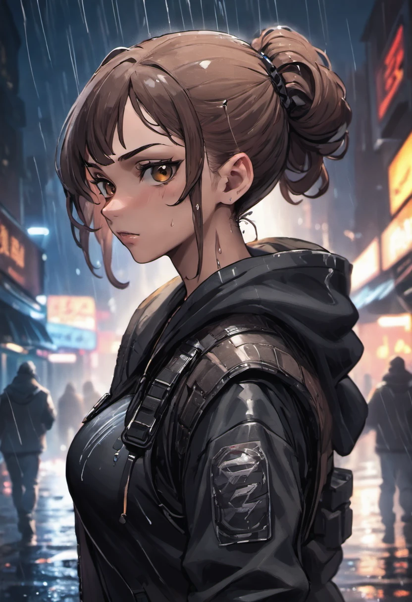 Closeup photograph, confident young cyberpunk woman with brown hair in a bun, wearing a black hoodie and black tactical vest, rain soaked street at night, photorealistic, cinematic lighting