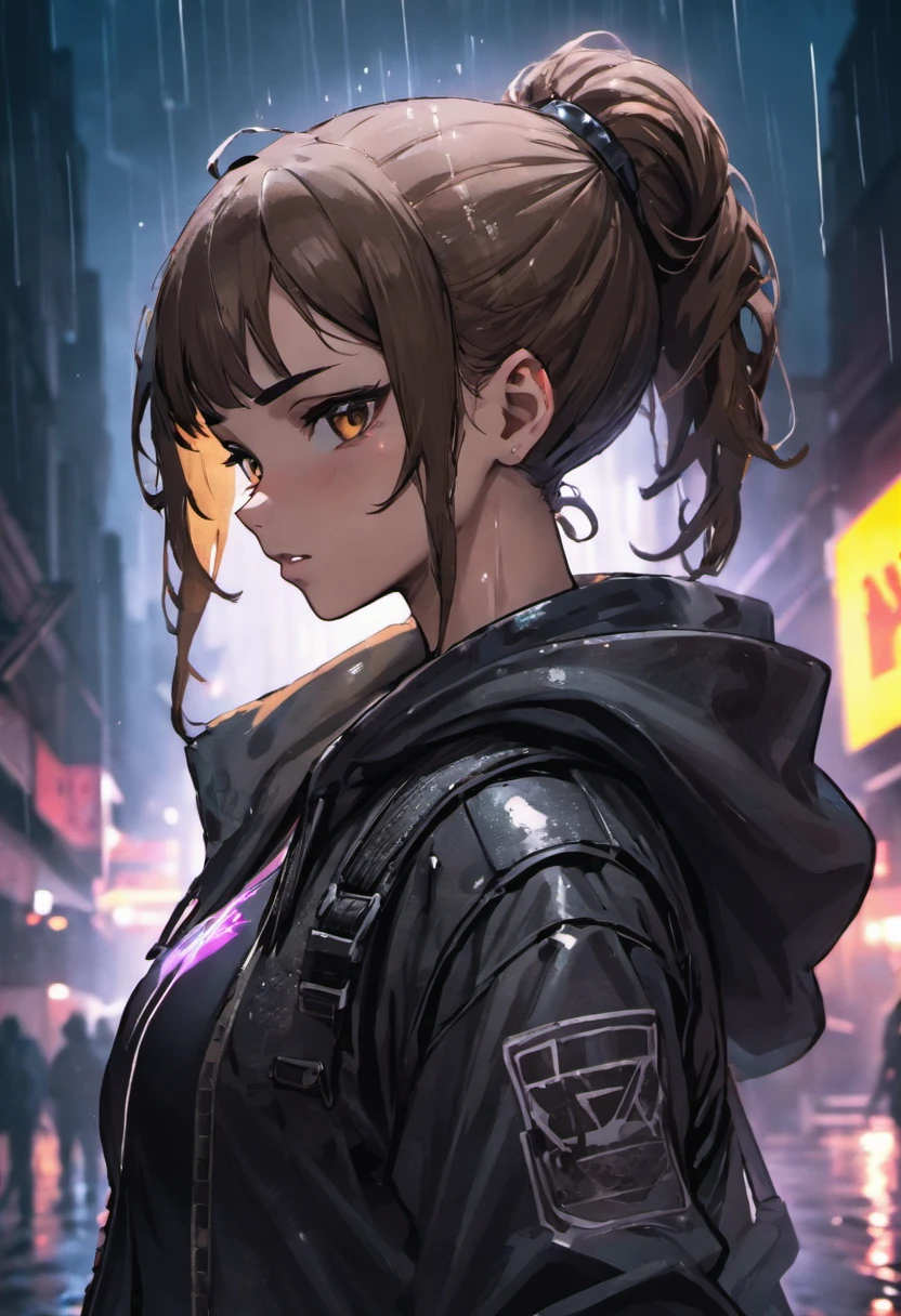 Closeup photograph, confident young cyberpunk woman with brown hair in a bun, wearing a black hoodie and black tactical vest, rain soaked street at night, photorealistic, cinematic lighting