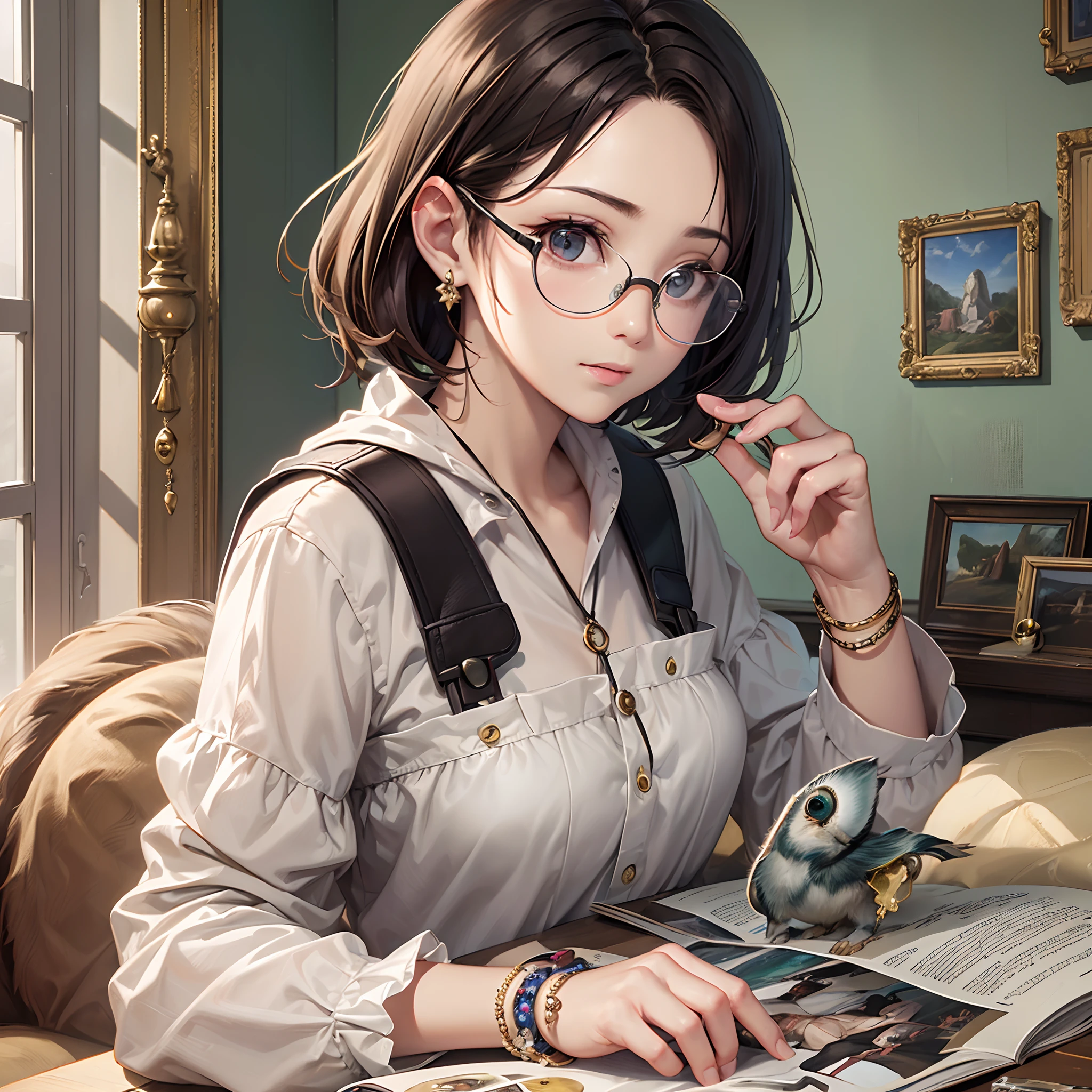 ((Finest quality)),(超A high resolution),(ultra-detailliert),(Meticulous portrayal),((Best CG)),(Finest works of art),Ultra-Precision Art,The art of astounding depiction, ((One hermit),short-cut:1.3,eye glass, Her room