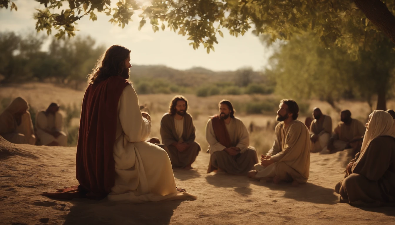 Jesus talking to some disciples under a tree