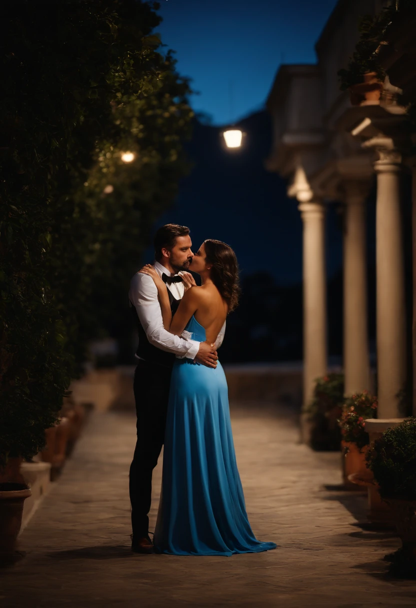 A couple man and woman he very handsome Italian 29 years old dark brown hair short vest suit is kissing passionate A beautiful young woman wears long blue dress on a luxurious terrace at night real photo clear face without deformations