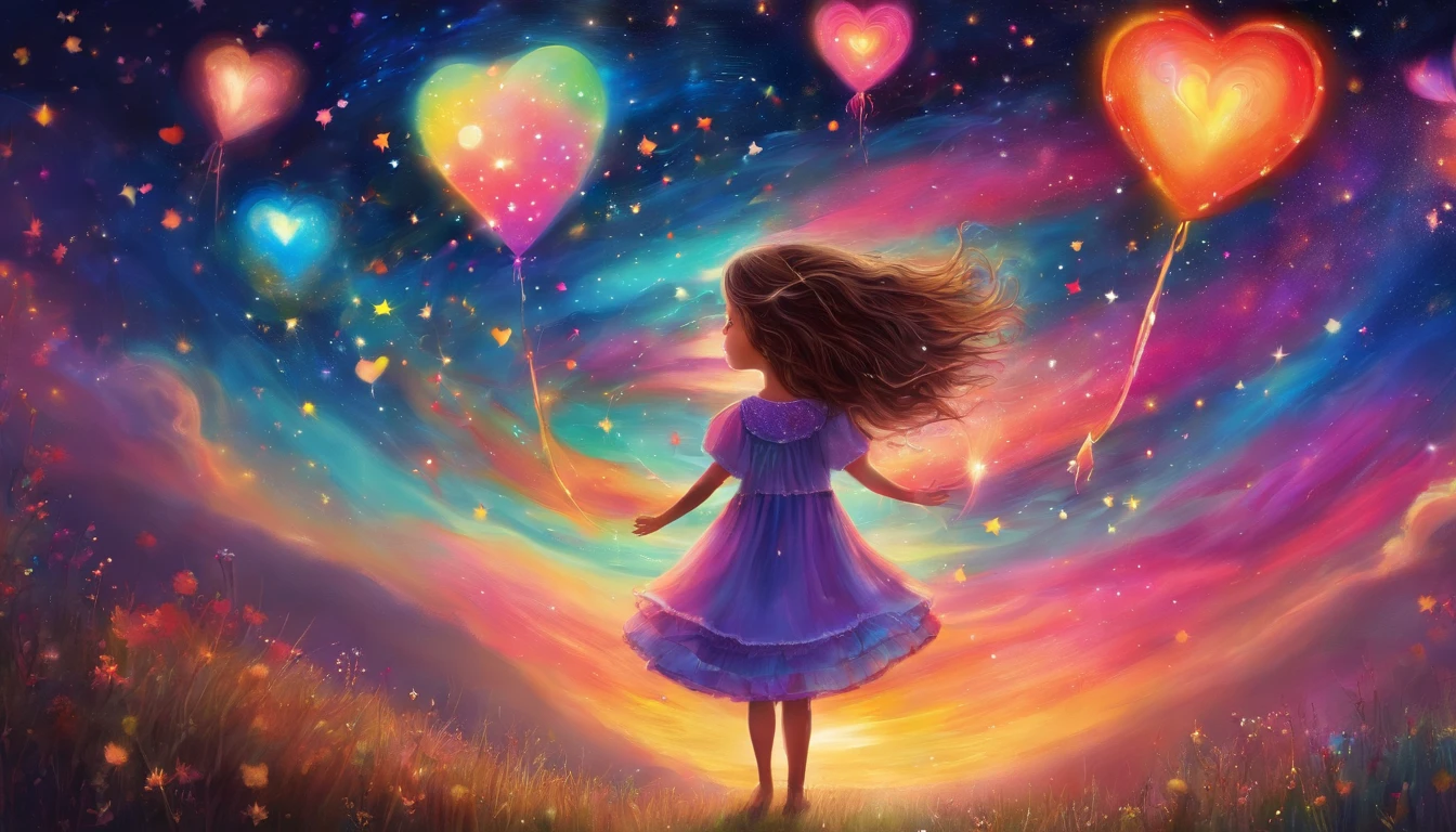 AN AMAZING STARLIT NIGHT SKY ,A LITTLE GIRL UNDERNEATH IT AND A COLORFUL HEART IN THE AIR BURSTING WITH ENERGY