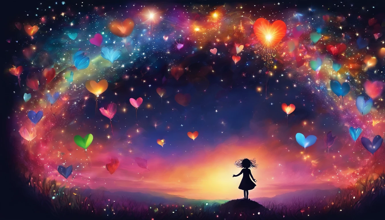 AN AMAZING STARLIT NIGHT SKY ,A  UNDERNEATH IT AND A COLORFUL HEART IN THE AIR BURSTING WITH ENERGY