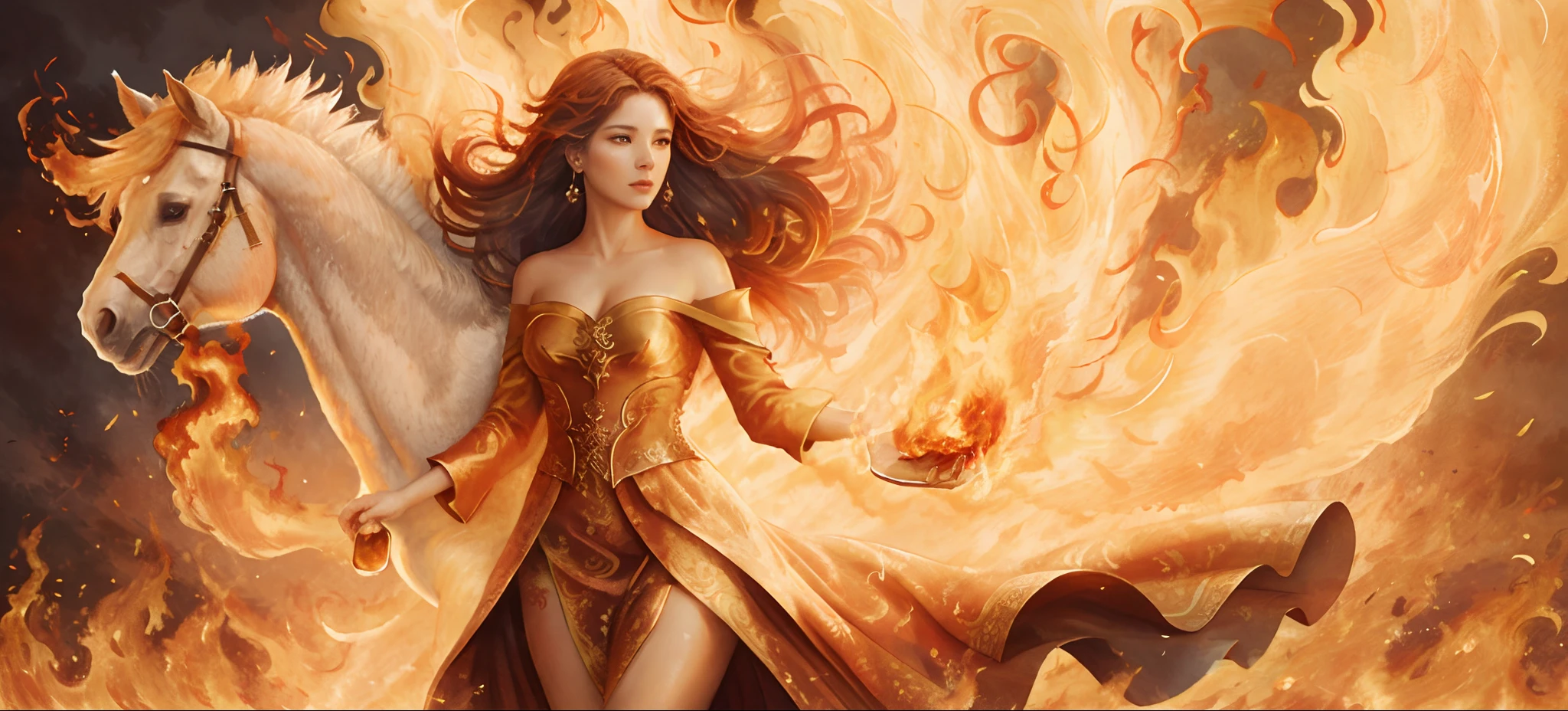 painting of a woman in a flowing dress with a horse, dress made of fire, her body made of flames, abstract painting of man on fire, expressive beautiful painting, walking out of flames, digital expressive oil painting, digital art oil painting, intense smoldering, flames surround her, engulfed in swirling flames, goddess of fire, firey