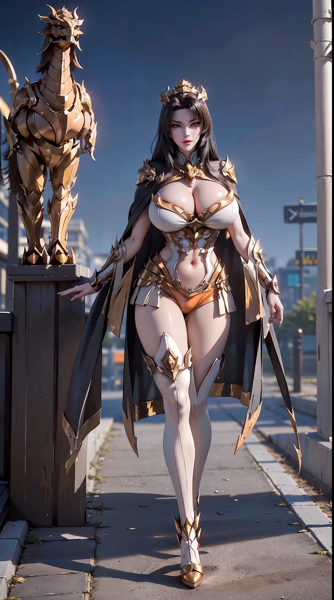 1GIRL, SOLO, (dark hair, hair gold ornament), (HUGE FAKE BOOBS:1.3), (white, orange, gold, FUTURISTIC BAHAMUT DRAGON MECHA ARMOR, ROYAL CAPE, CLEAVAGE, SKINTIGHT YOGA HOTPANTS, HIGH HEELS:1.5), (NSFW GLAMOROUS BODY, SEXY LONG LEGS, FULL BODY:1.3), (FROM FRONT, LOOKING AT VIEWER:1), (WALKING DOWN ON STREET NIGHT CITY:1.3), PHYSICALLY-BASED RENDERING, ULTRA HIGHT DEFINITION, 8K, 1080P.