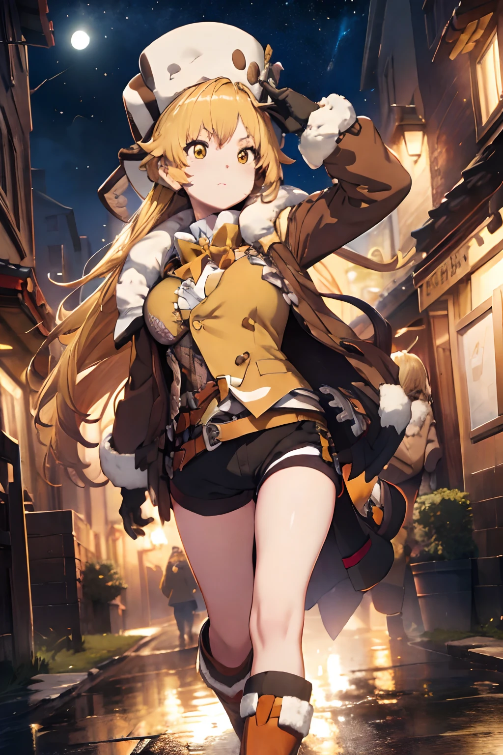 masterpiece, best quality, ((hook)), blonde hair, (yellow hair), gloves, yellow eyes, boots, 1girl, (fur trim), (jacket), bangs, bow, (fur hat), (shorts), looking at viewer, long hair, walking, solo focus, brown gloves, brown footwear, open clothes, long sleeves, full body, bowtie, shirt, (open jacket), (brown shorts), (brown jacket), (adult body), divine proportions, large breasts, busty, (sexy), long sexy legs, angry, tsundere, dark alley, night, (cobblestone streets), soft orange lighting, dynamic perspective, night life, (8k), (best quality), (masterpiece: 1.2), (realistic), (photorealistic: 1.37), ultra detailed, one girl, viewer watching, full body, 28 years old.