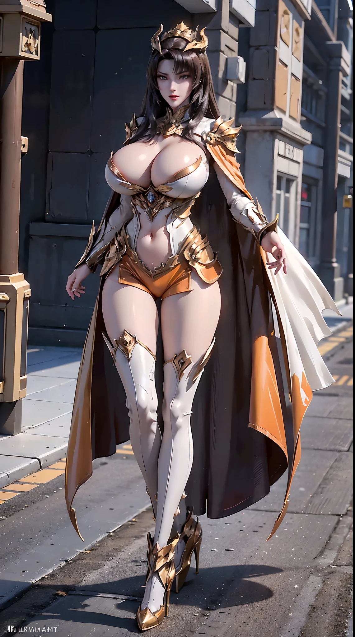 1GIRL, SOLO, (dark hair, hair gold ornament), (HUGE FAKE BOOBS:1.3), (white, orange, gold, FUTURISTIC BAHAMUT DRAGON MECHA ARMOR, ROYAL CAPE, CLEAVAGE, SKINTIGHT YOGA HOTPANTS, HIGH HEELS:1.5), (NSFW GLAMOROUS BODY, SEXY LONG LEGS, FULL BODY:1.3), (FROM FRONT, LOOKING AT VIEWER:1), (WALKING DOWN ON STREET NIGHT CITY:1.3), PHYSICALLY-BASED RENDERING, ULTRA HIGHT DEFINITION, 8K, 1080P.